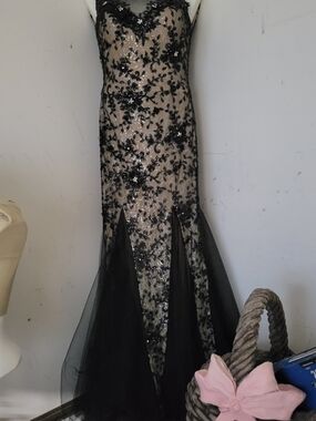 Black Sequin Over Silver/gold Lace Beaded rhinestones, Mermaid  Evening Dress